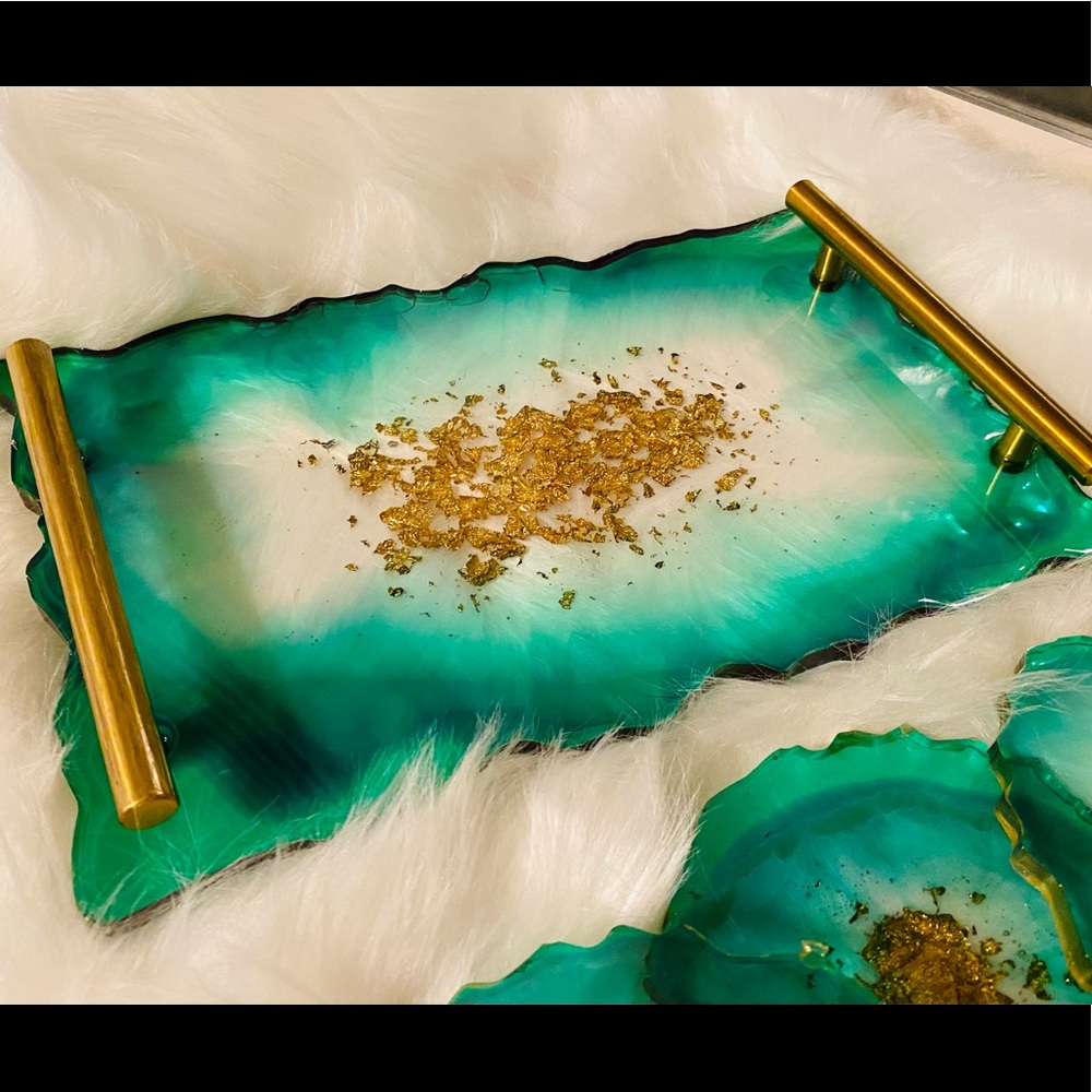 Handmade Green Resin Tray With Handles And Coasters